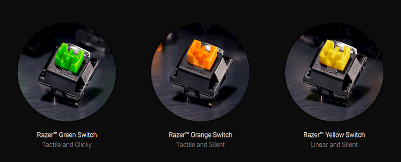 Razer BlackWidow Eliteのメカニカルスイッチ｜Razer Green Switch (グリーン)、Razer Orange Switch (オレンジ)、Razer Yellow Switch (イエロー)