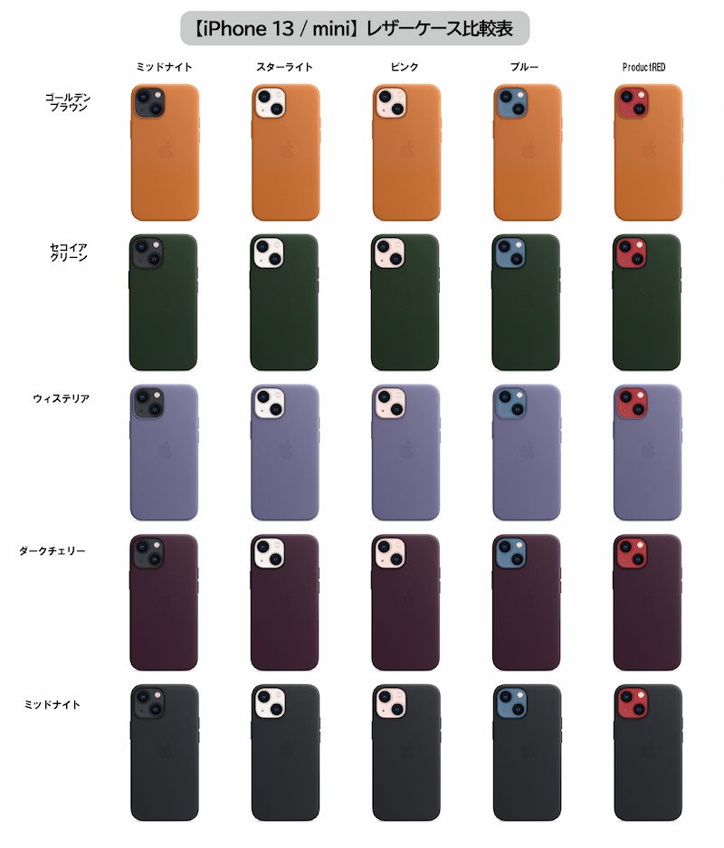 MagSafe対応iPhone 13レザーケースの全カラー組み合わせ・比較表【Apple純正スマホケース】