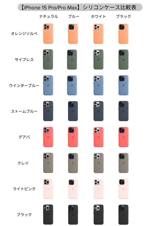 MagSafe対応iPhone 15 Pro/Pro Maxシリコンケースの全カラー組み合わせ・比較表【Apple純正スマホケース】